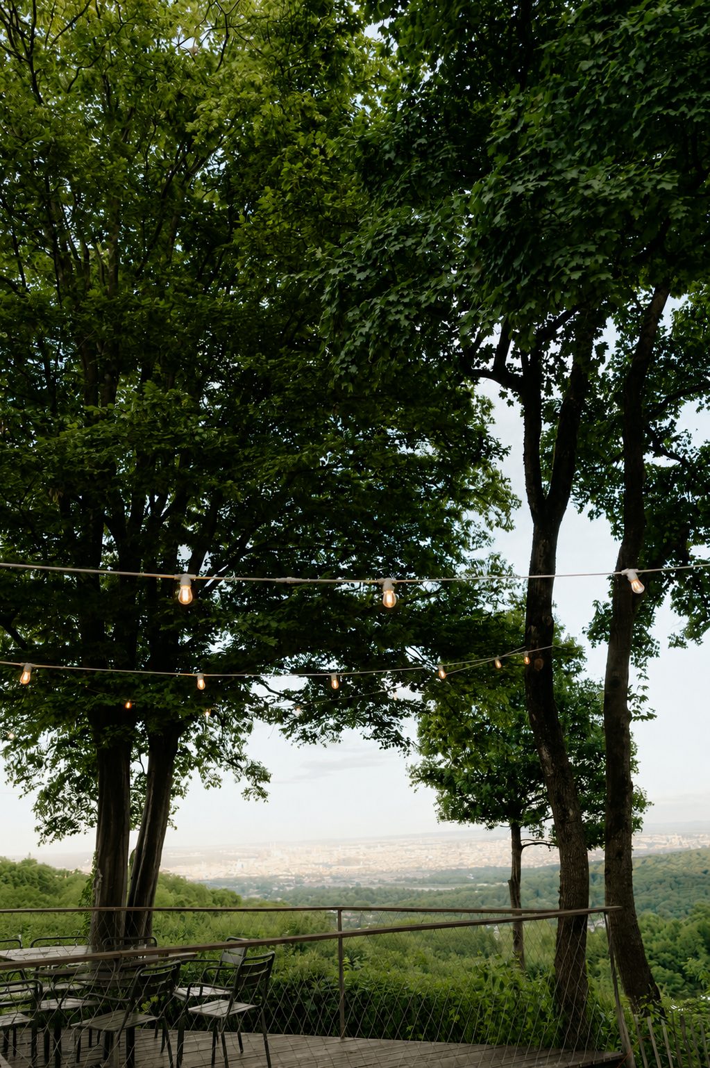 Terrasse des Am Roan mit Lichterketten und Blick über Wien